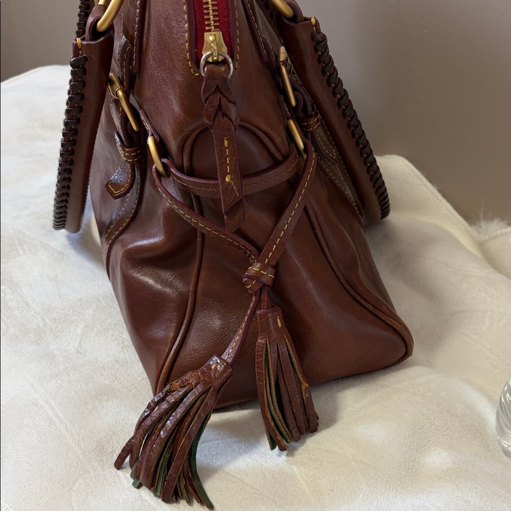 Dooney and Bourke Brown Leather Satchel Handbag with Gold Hardware - Picture 8 of 16